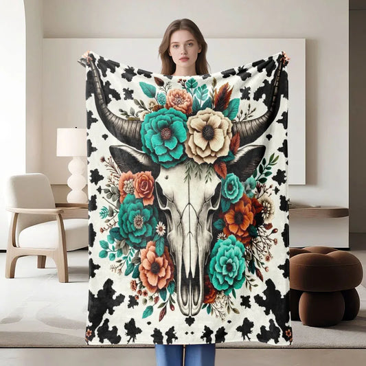 Floral cow skull blanket, black and white with colorful flowers