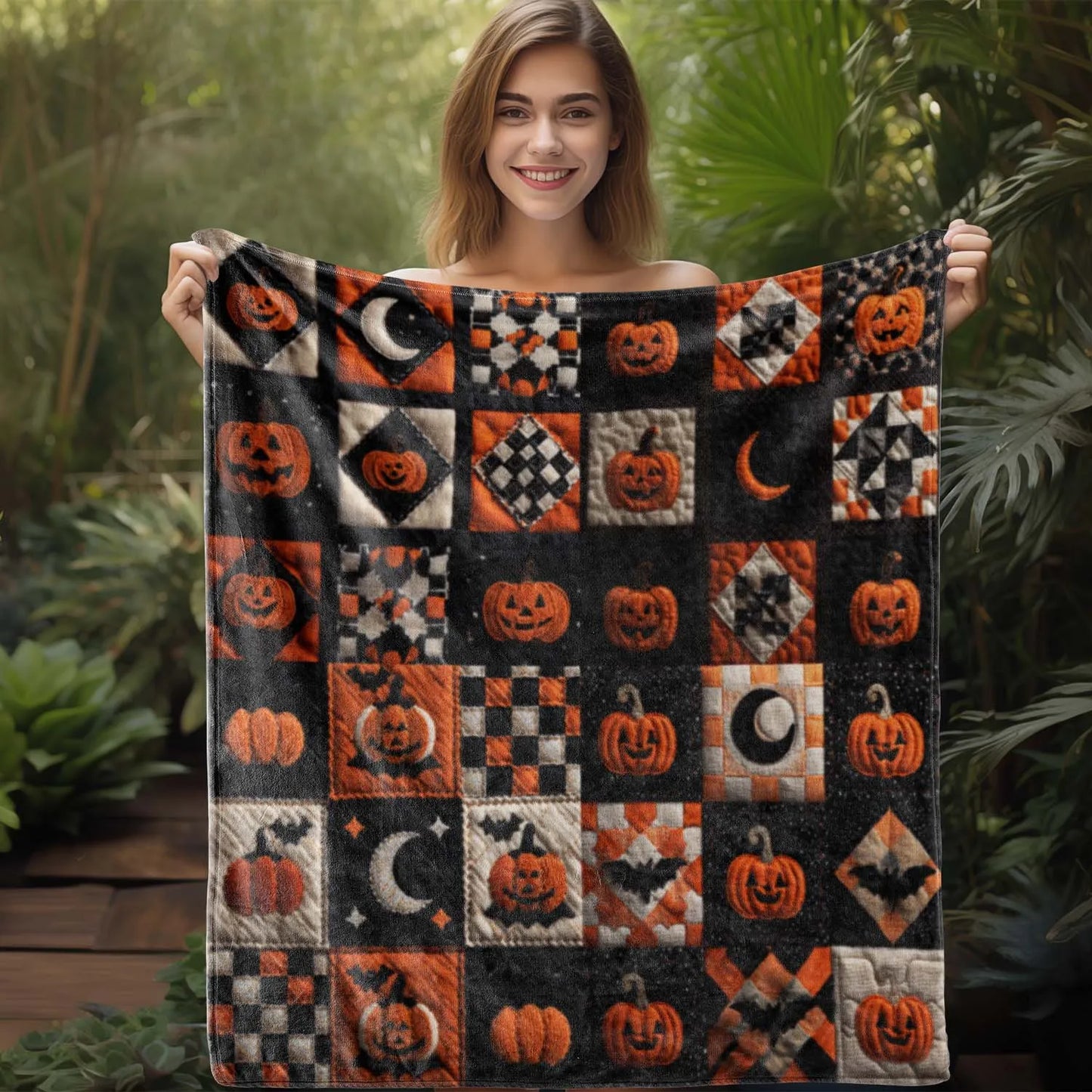 Halloween Plaid Pumpkin Moon Print Blanket - Warm, Soft & Cozy Throw