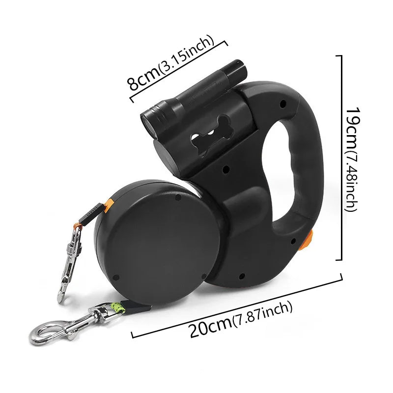 3 in1 Double Head Automatic retractable Dog leash, Flashlight, Poop Bag Dispenser