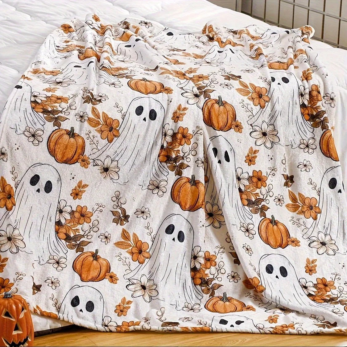 Spooky Halloween Pumpkin & Ghosts Patchwork Throw Blanket