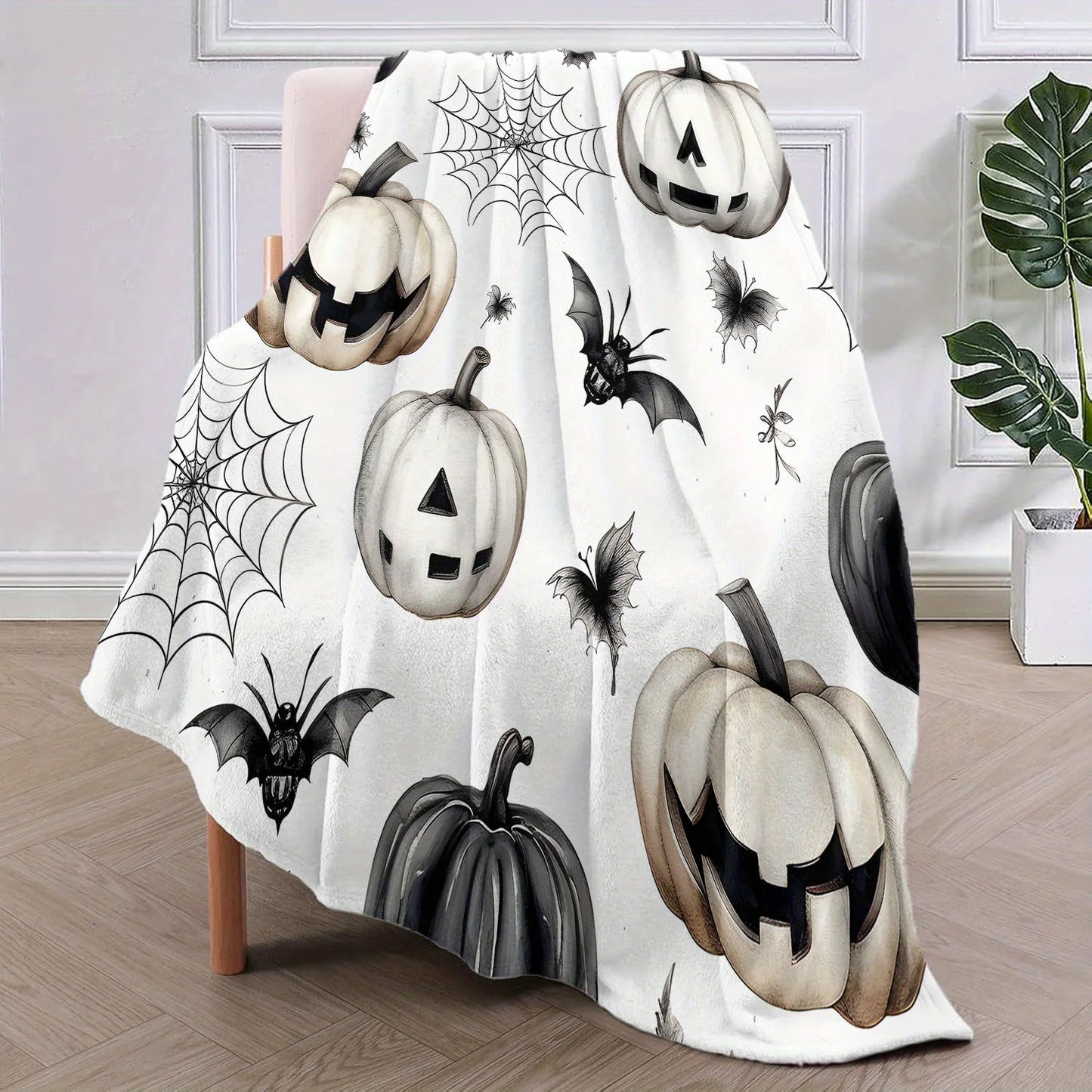 Halloween Flannel Fleece Throw Blanket with Pumpkin, Bat, and Spider Web Design