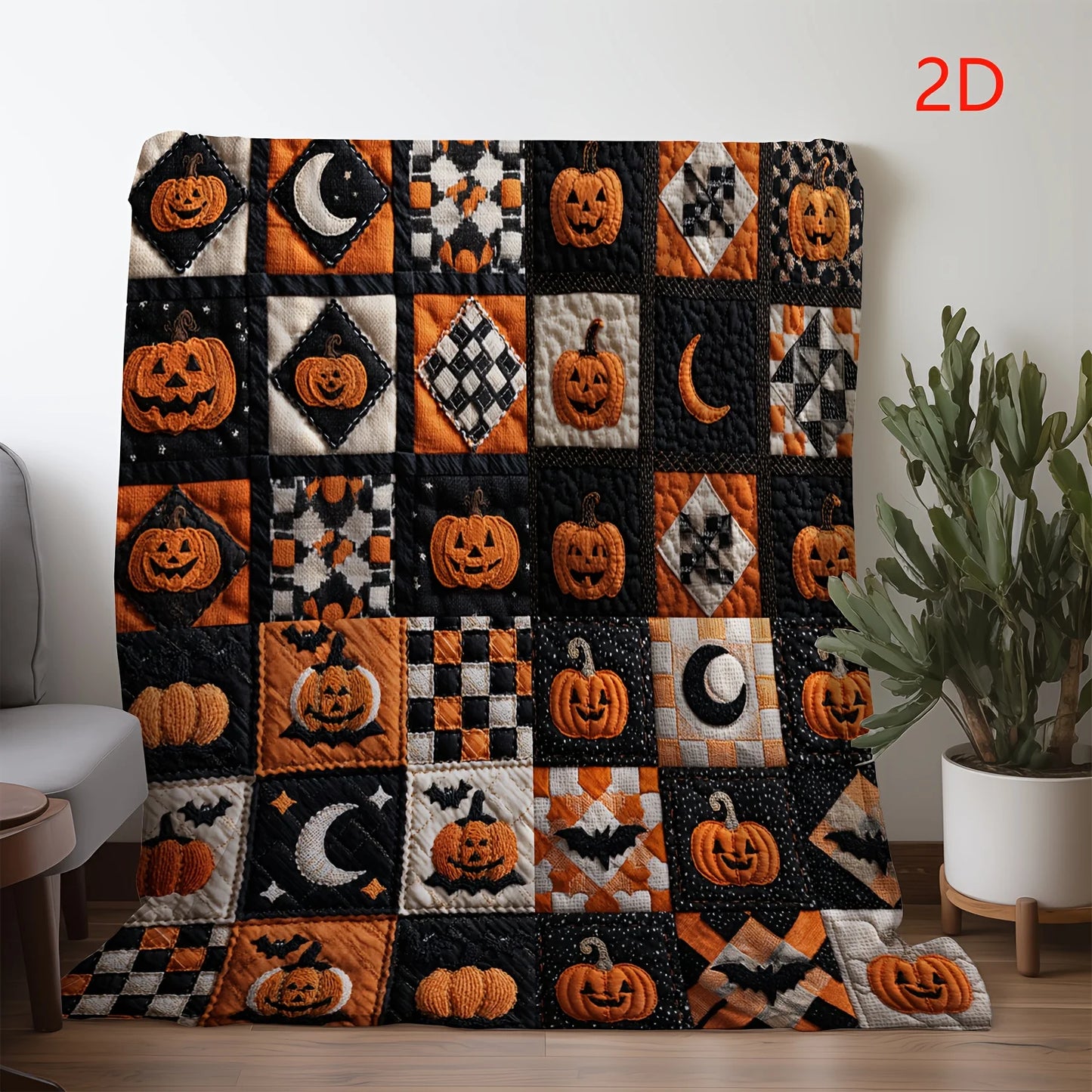 Halloween Plaid Pumpkin Moon Print Blanket - Warm, Soft & Cozy Throw