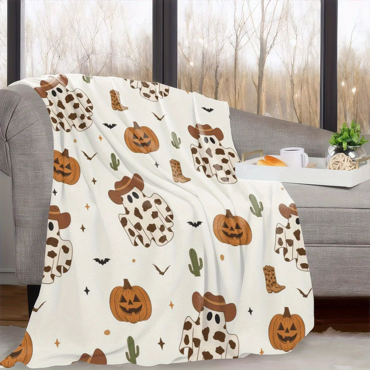 All-Season Cartoon Cowboy Ghost Pumpkin Print Throw Blanket