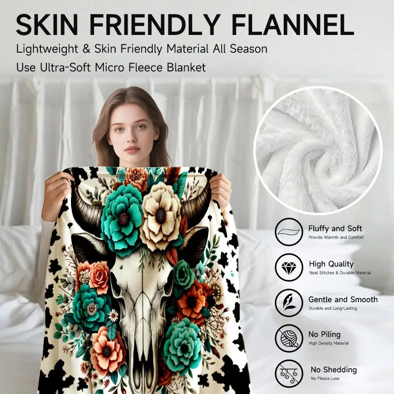 Floral cow skull blanket, black and white with colorful flowers