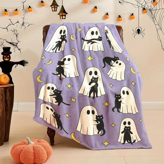 Cute Blanket - Ghosts Holding Black Cats with Stars & Moons Design