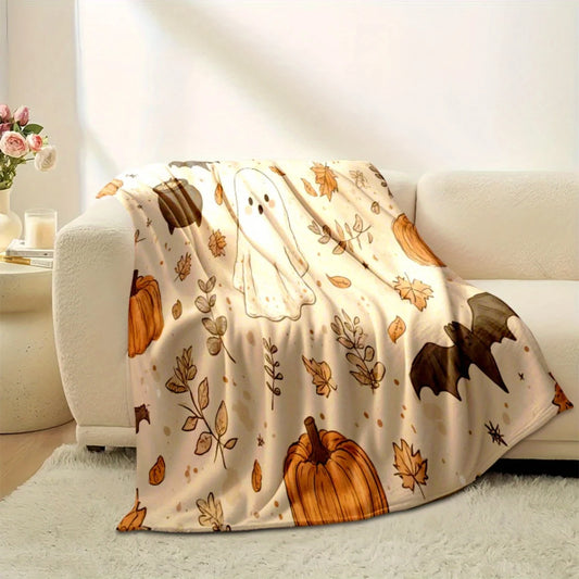 Ghosts, Pumpkins, Bats & Autumn Leaves - Soft Lightweight Flannel for Couch, Bed, Living Room