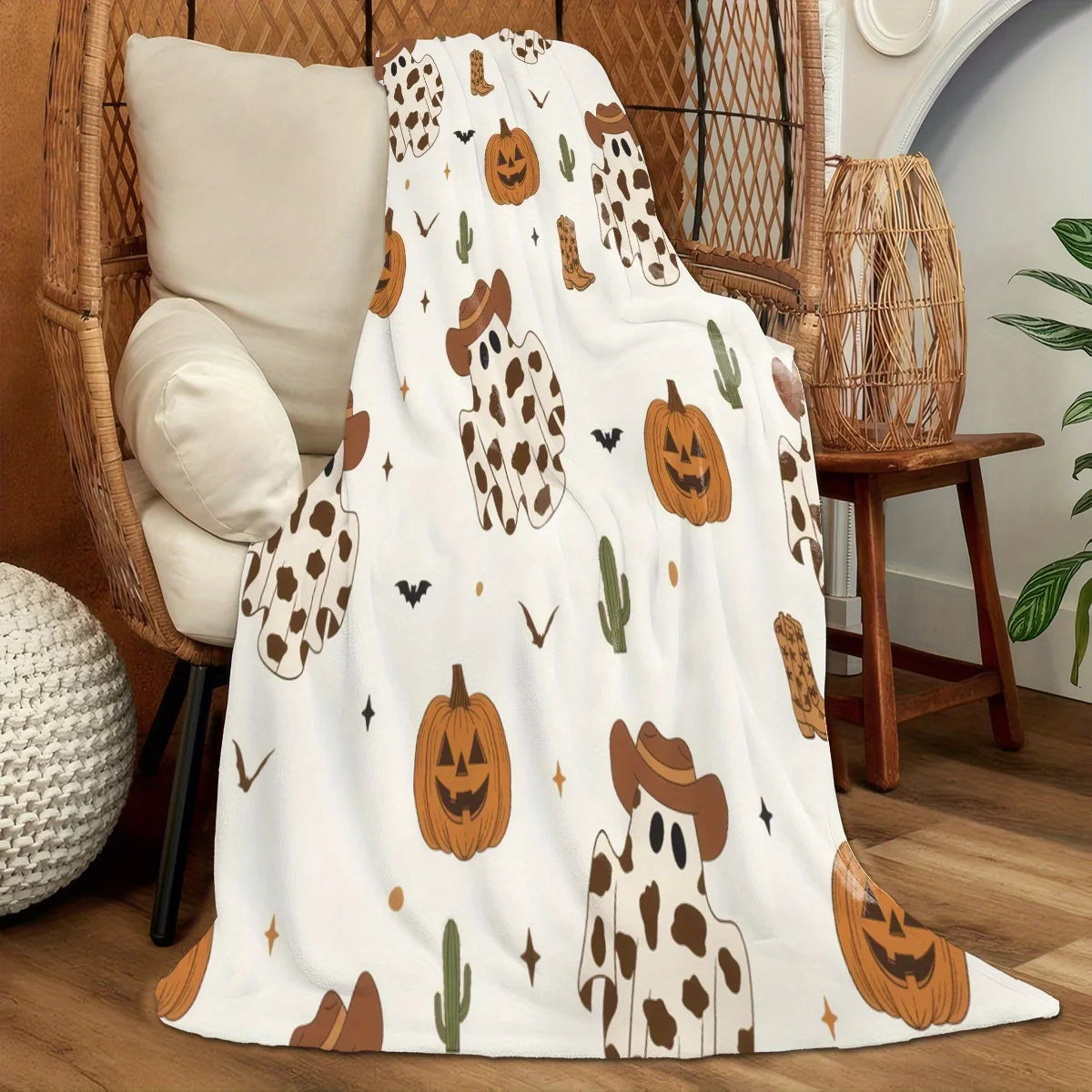All-Season Cartoon Cowboy Ghost Pumpkin Print Throw Blanket