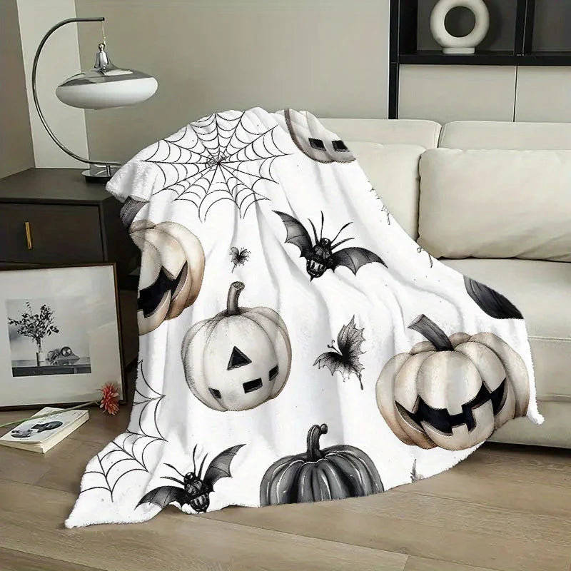 Halloween Flannel Fleece Throw Blanket with Pumpkin, Bat, and Spider Web Design