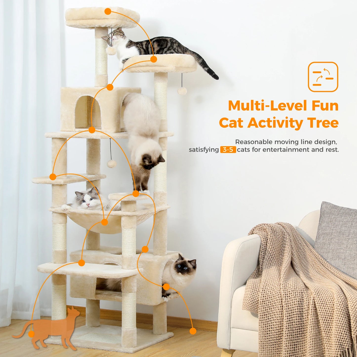 Large Cat Tree and Tower for Indoor Cats Spacious Hammock Perches
