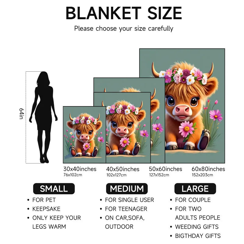 Floral cow-themed flannel blanket, green, suitable for sofa, all-season use.