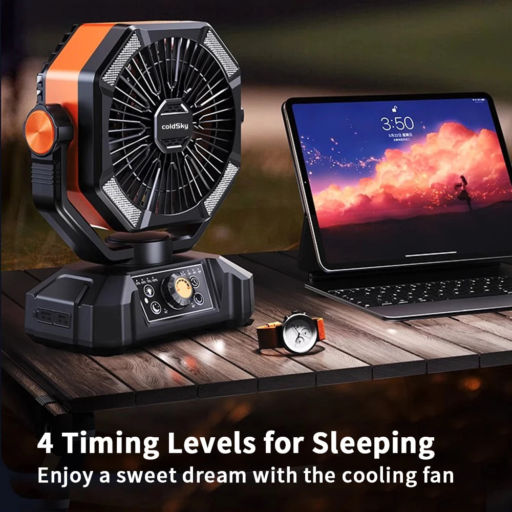 Indoor/Outdoor Battery Fan with 4 LED Lantern 8 Speeds