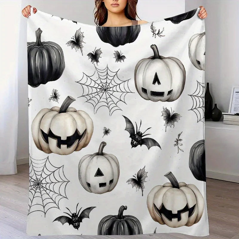 Halloween Flannel Fleece Throw Blanket with Pumpkin, Bat, and Spider Web Design