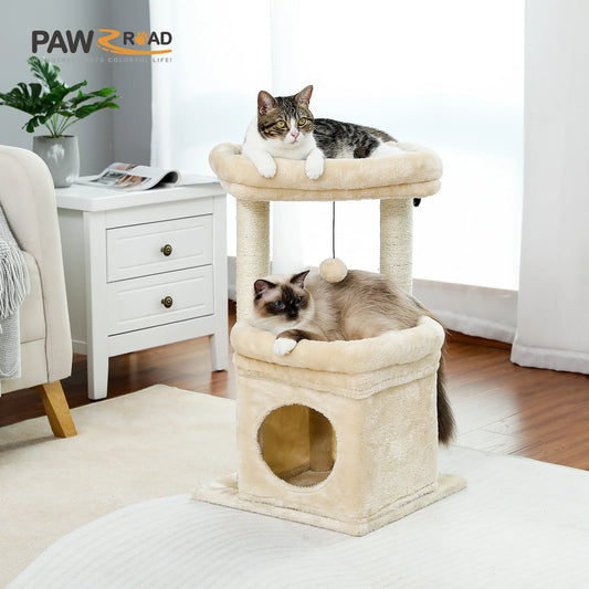 Cozy Condo Cat Tree Tower, Wide Top Perch, Natural Sisal Posts, Playful Pom-Pom