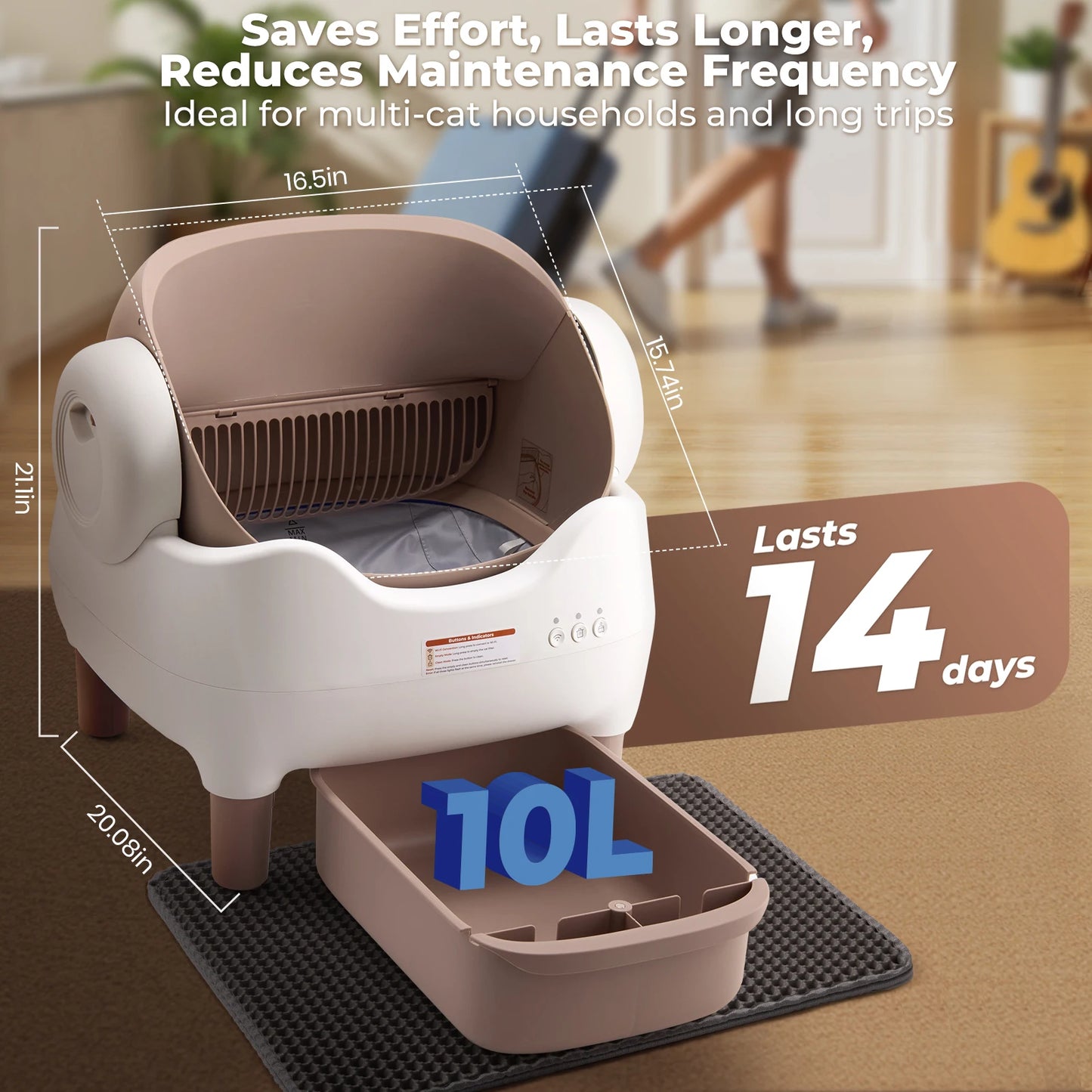 Automatic Cat Litter Box with APP Control, Odor-Free Large Waste Bin, Open-Top for Multi Cats