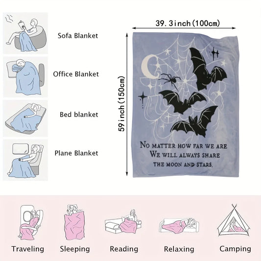 Halloween Bat Print Flannel Blanket - Machine Washable, All-Season Knit Polyester Cover, Versatile