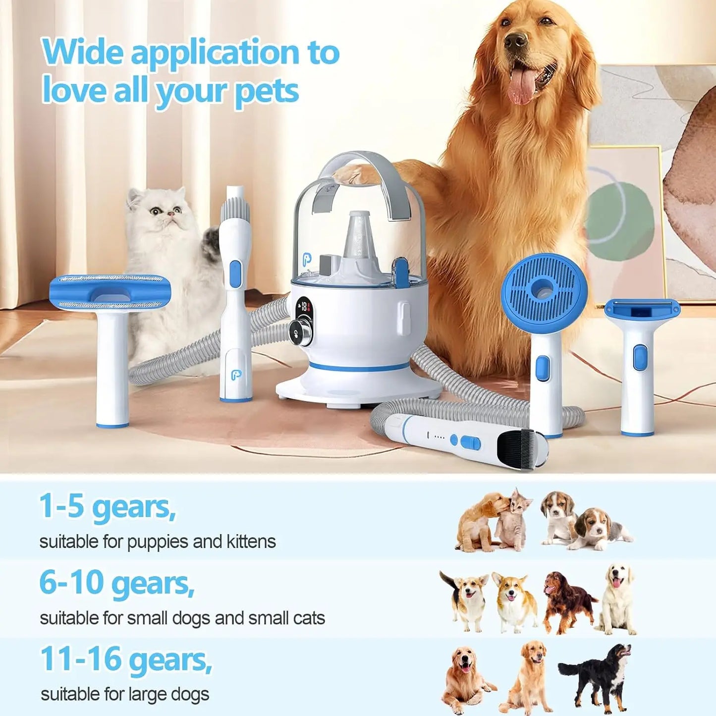 5-in-1 Pet Grooming Vacuum Kit with 2.0L Dust Cup for Shedding Dogs/Cats