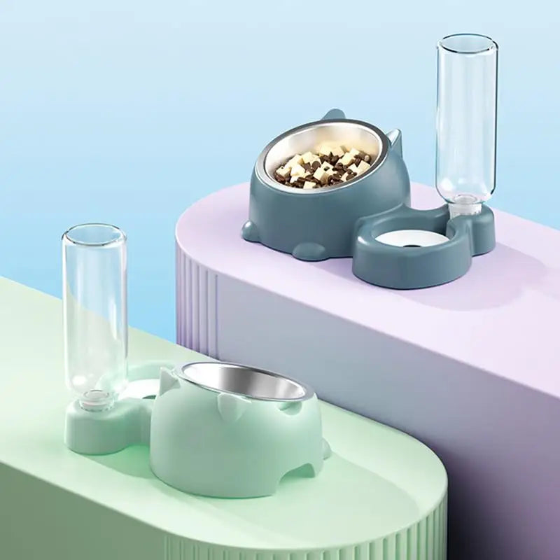 Double Dog/Cat Water and Food Bowls Automatic Water Bottle
