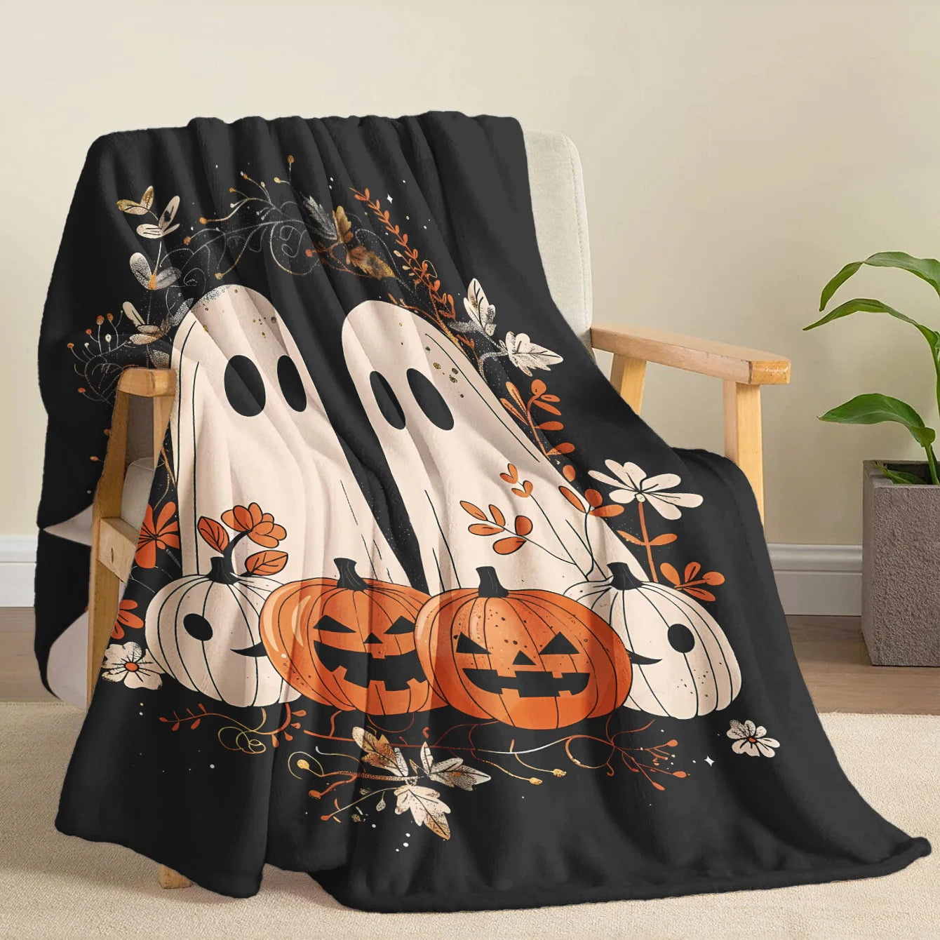 Halloween & Pumpkin Throw Blanket – Cute Cartoon Ghosts, Jack-o'-Lanterns, and Autumn Leaves