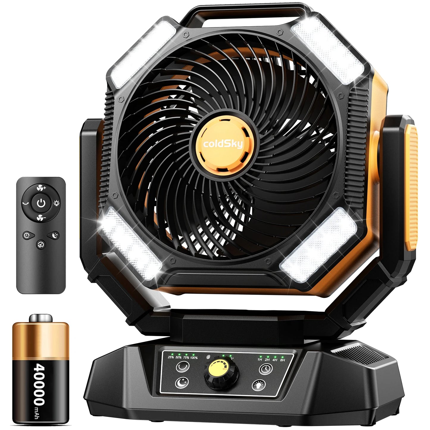 Indoor/Outdoor Battery Fan with 4 LED Lantern 8 Speeds