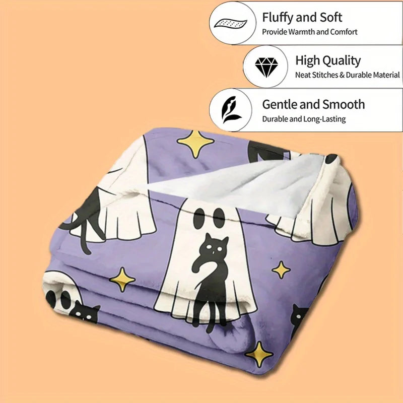 Cute Blanket - Ghosts Holding Black Cats with Stars & Moons Design