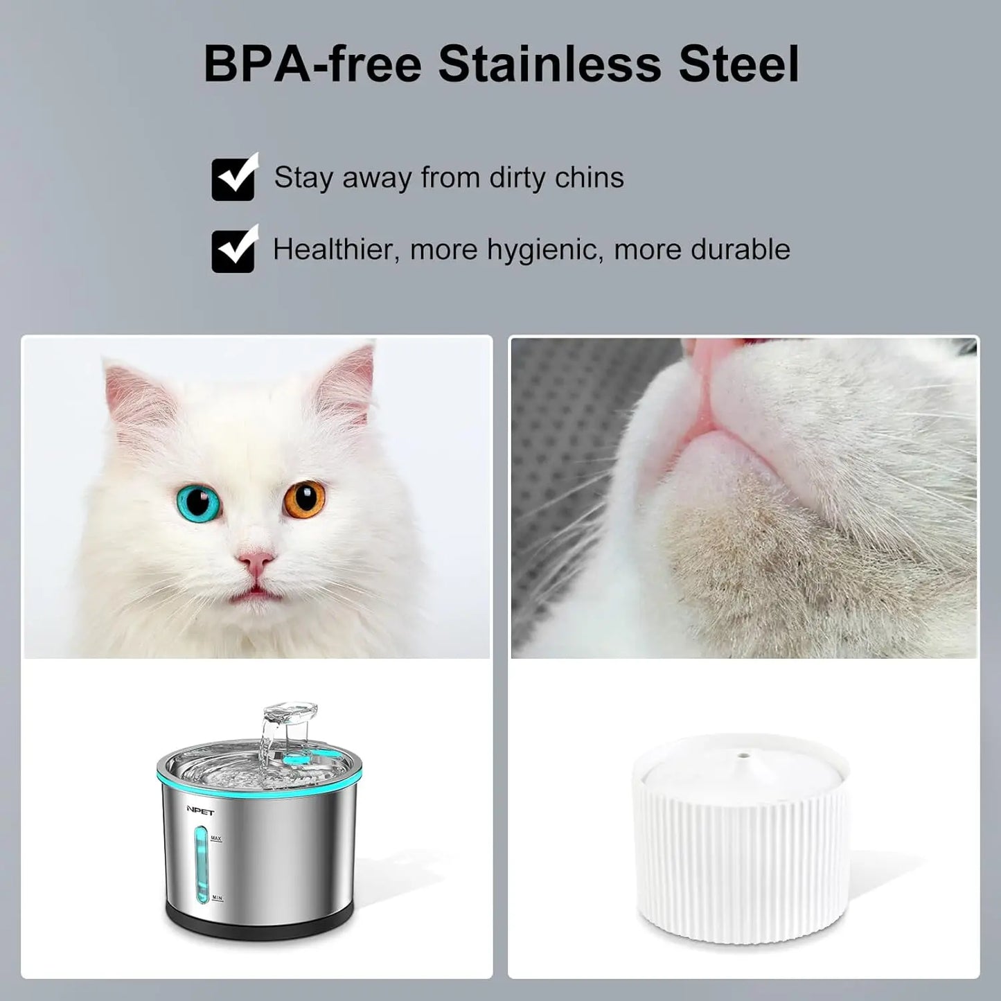 Pet Water Fountain Stainless Steel, 50oz/1.5L Dishwasher Safe Visible Window Light