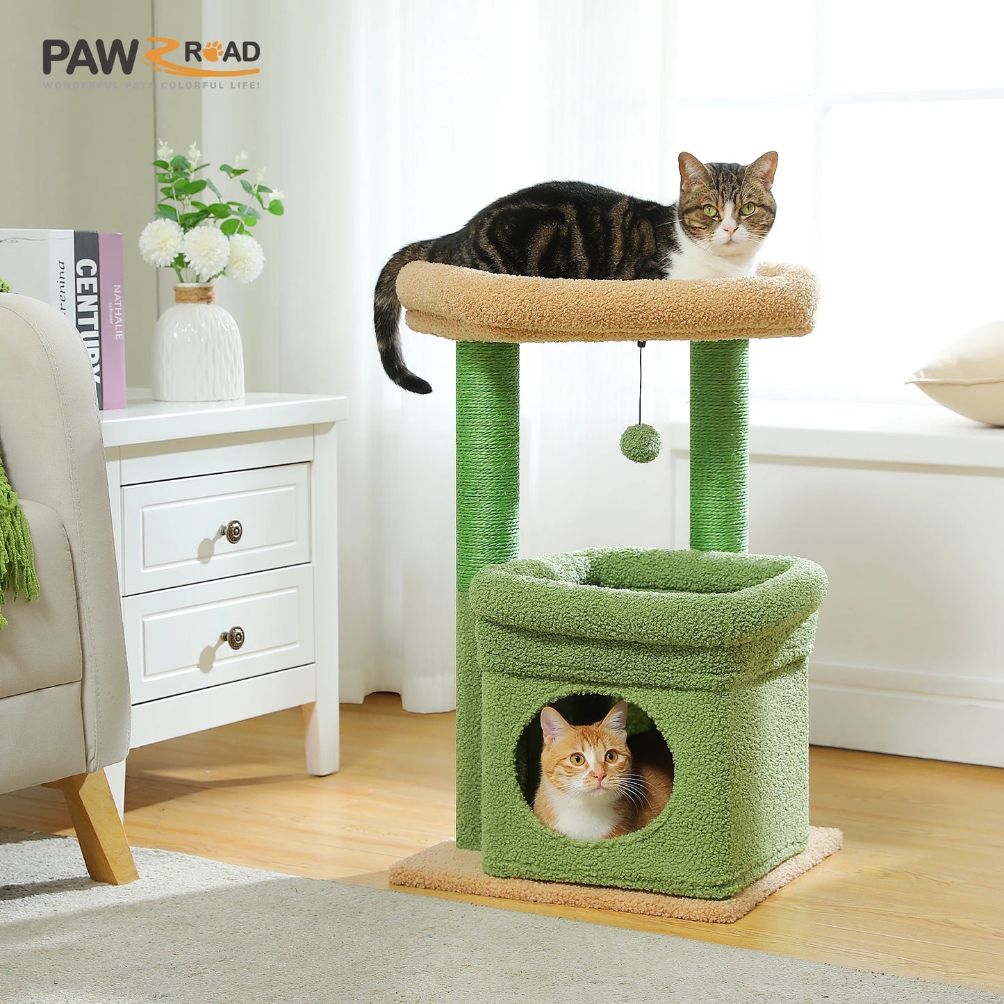 Cozy Condo Cat Tree Tower, Wide Top Perch, Natural Sisal Posts, Playful Pom-Pom
