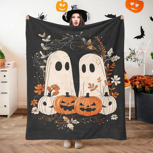 Halloween & Pumpkin Throw Blanket – Cute Cartoon Ghosts, Jack-o'-Lanterns, and Autumn Leaves