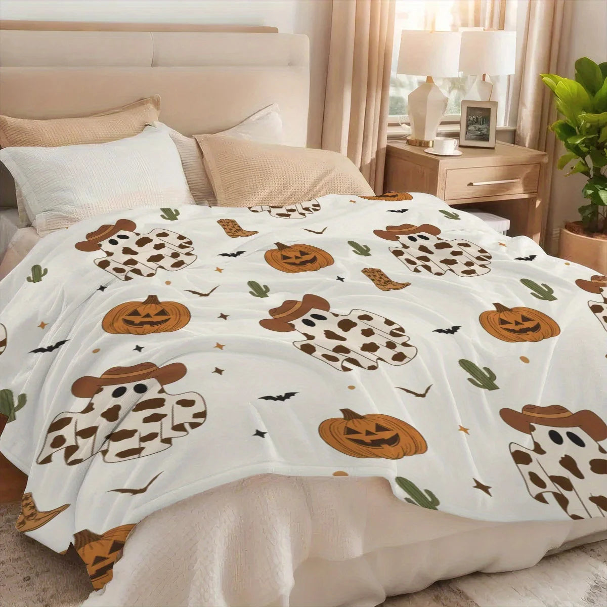 All-Season Cartoon Cowboy Ghost Pumpkin Print Throw Blanket