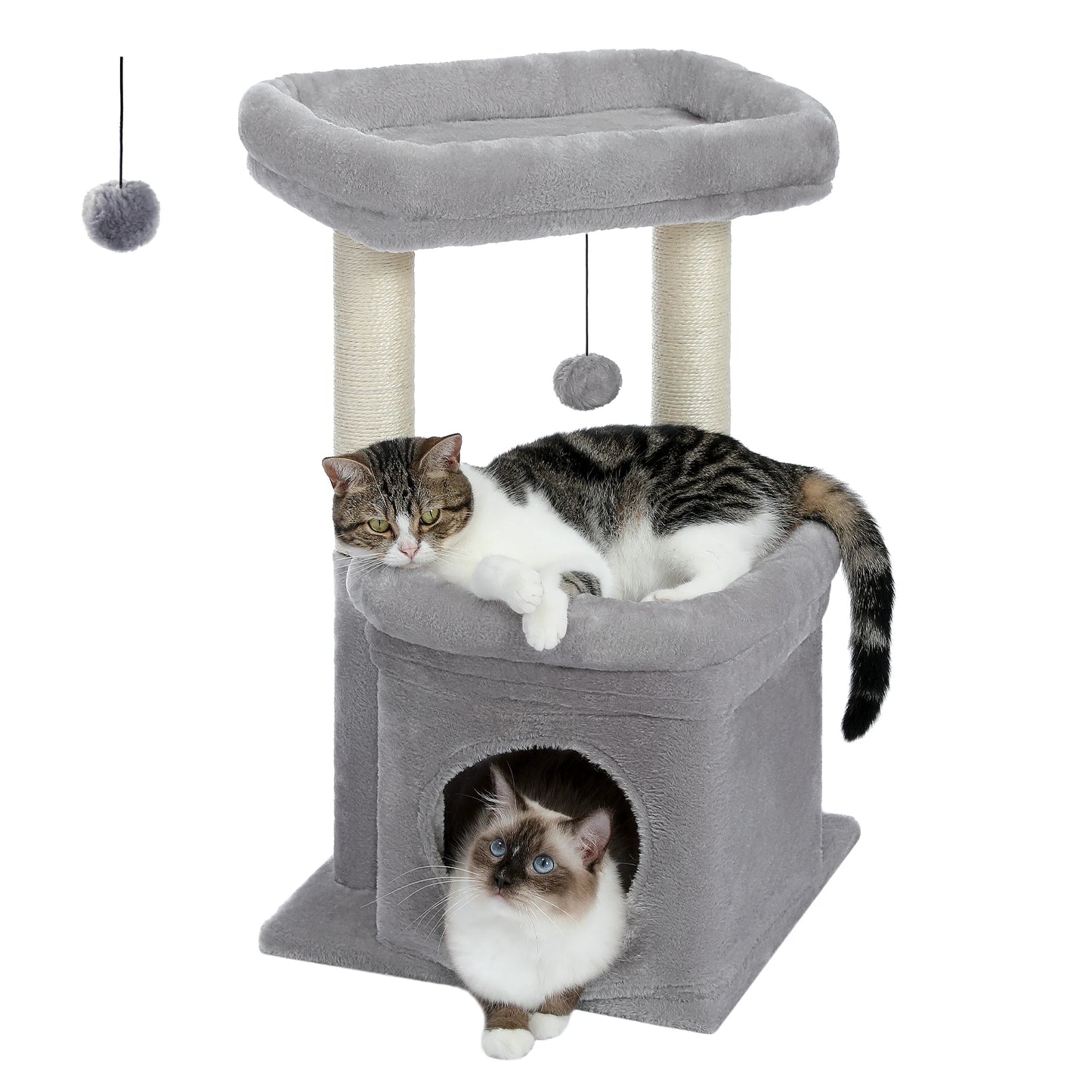 Cozy Condo Cat Tree Tower, Wide Top Perch, Natural Sisal Posts, Playful Pom-Pom