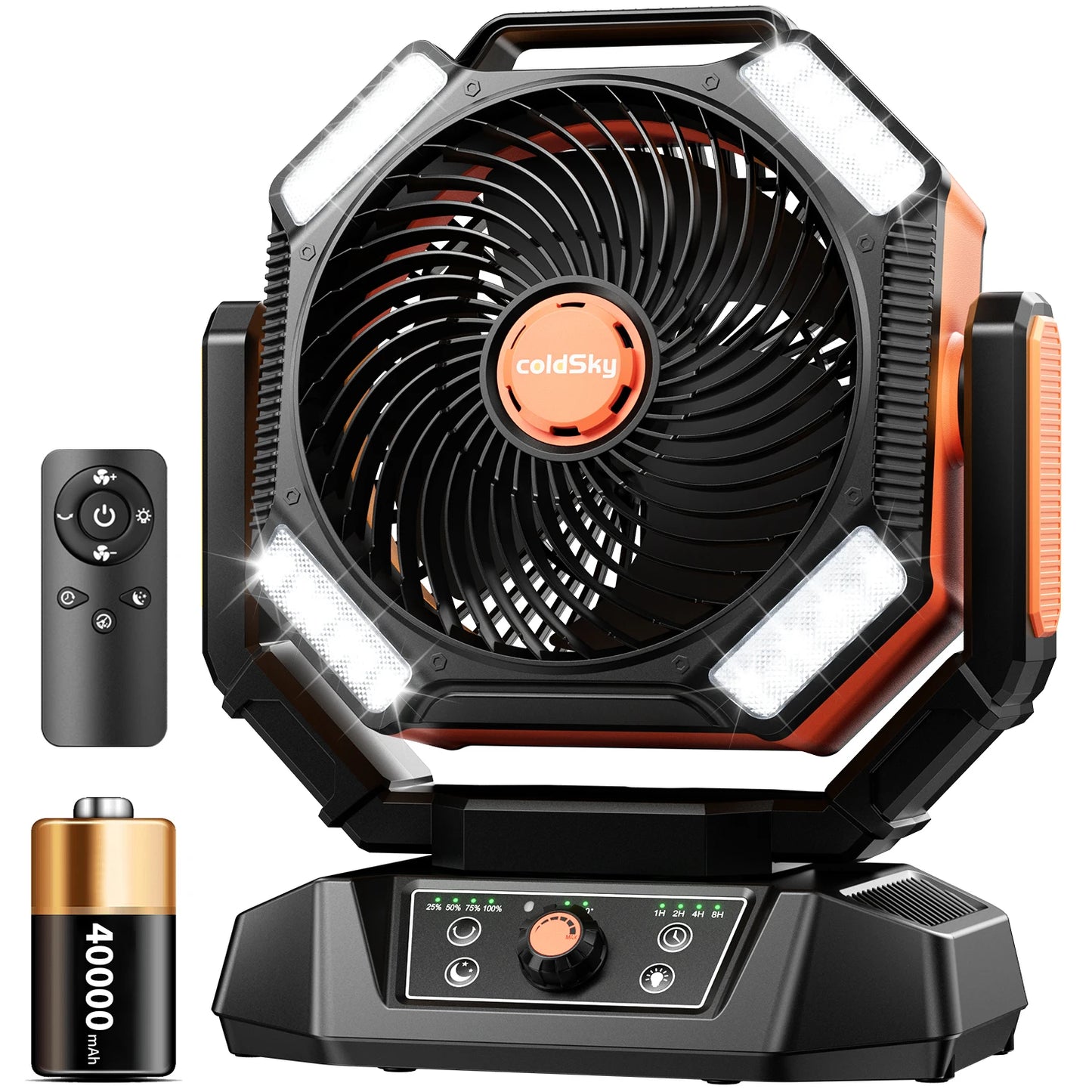 Indoor/Outdoor Battery Fan with 4 LED Lantern 8 Speeds