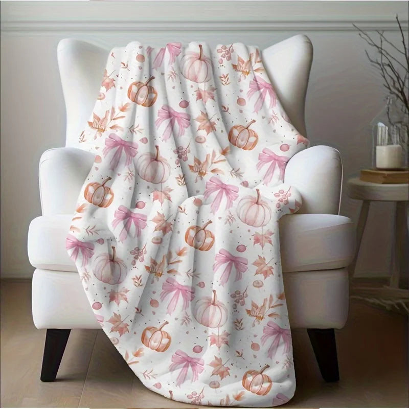 Cozy Pink Pumpkin & Leaf Flannel Plush Blanket