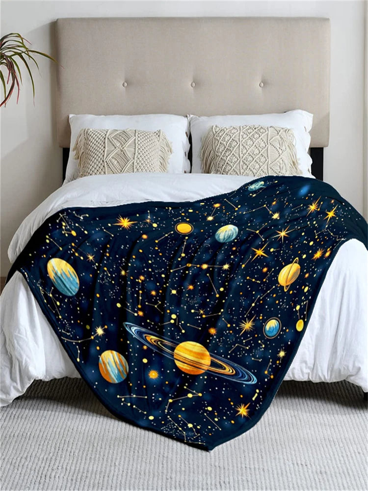 Space-themed navy blue flannel blanket, soft, all-season use.