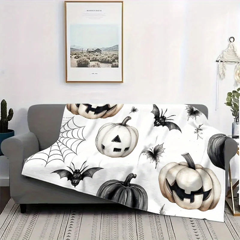 Halloween Flannel Fleece Throw Blanket with Pumpkin, Bat, and Spider Web Design