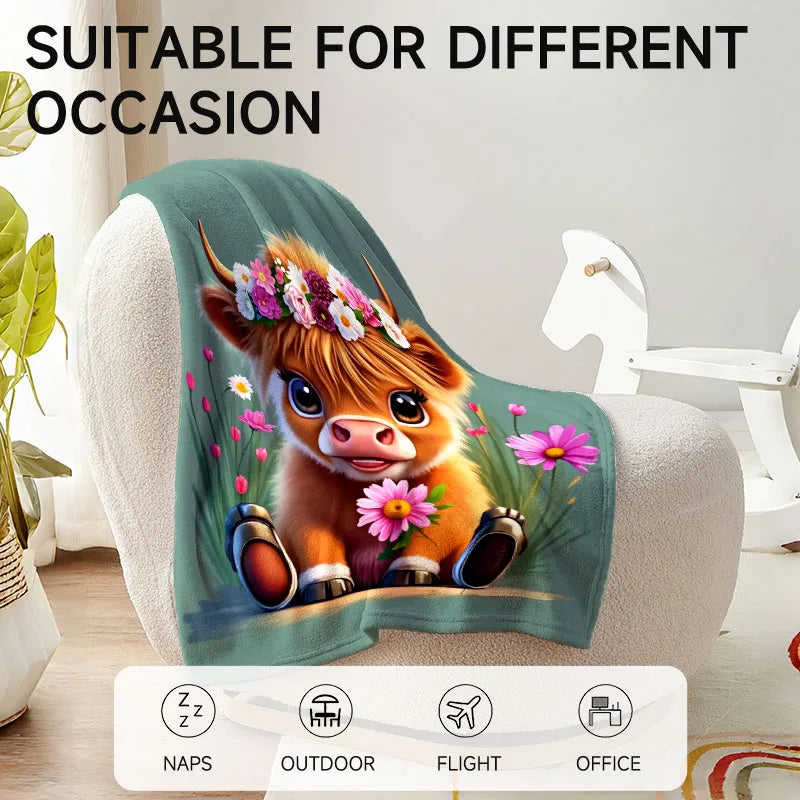 Floral cow-themed flannel blanket, green, suitable for sofa, all-season use.