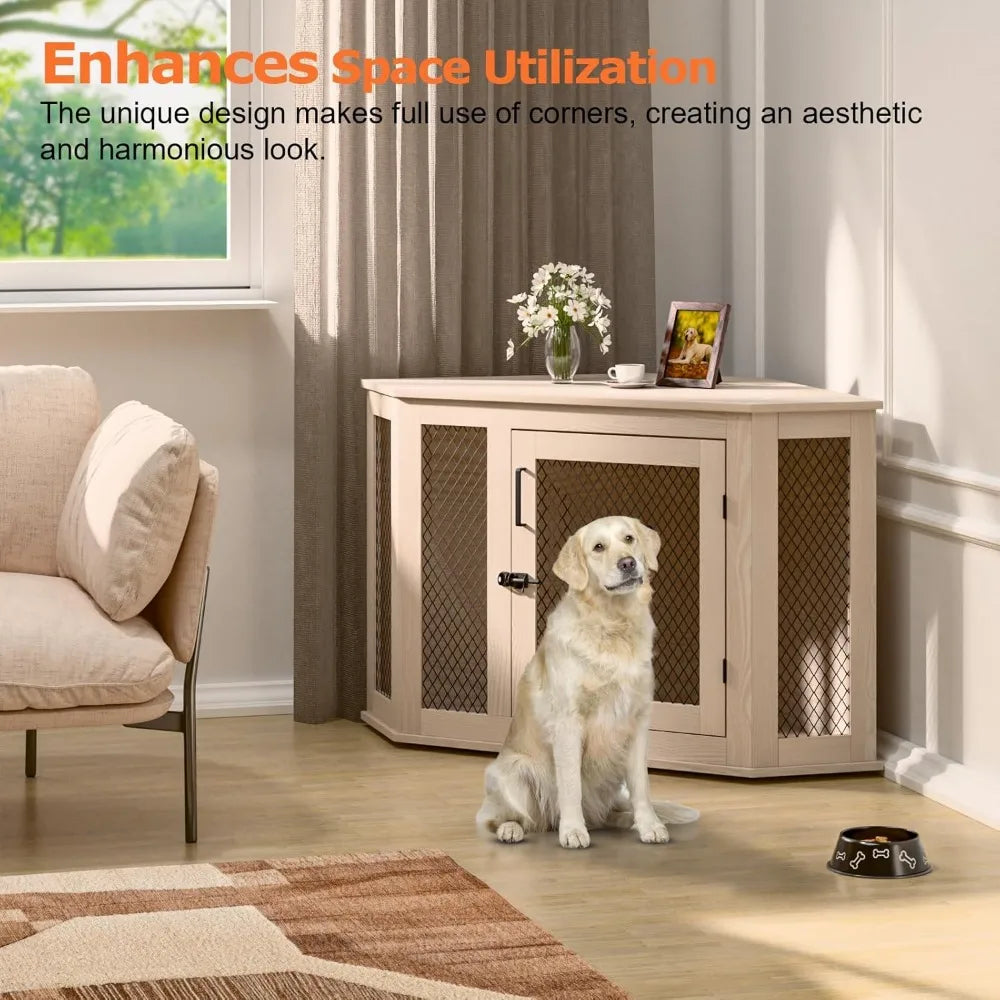 52" Corner Wooden Dog Kennel End Table with Mesh