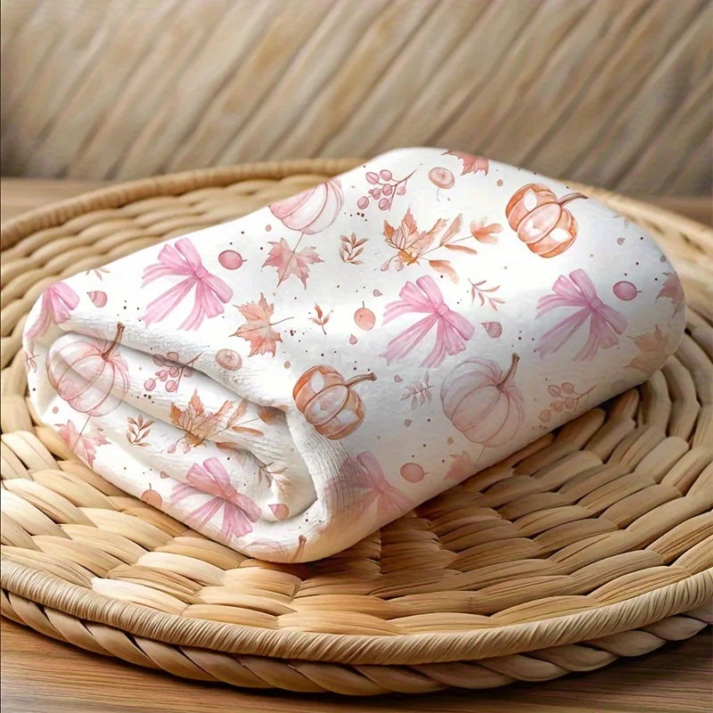 Cozy Pink Pumpkin & Leaf Flannel Plush Blanket