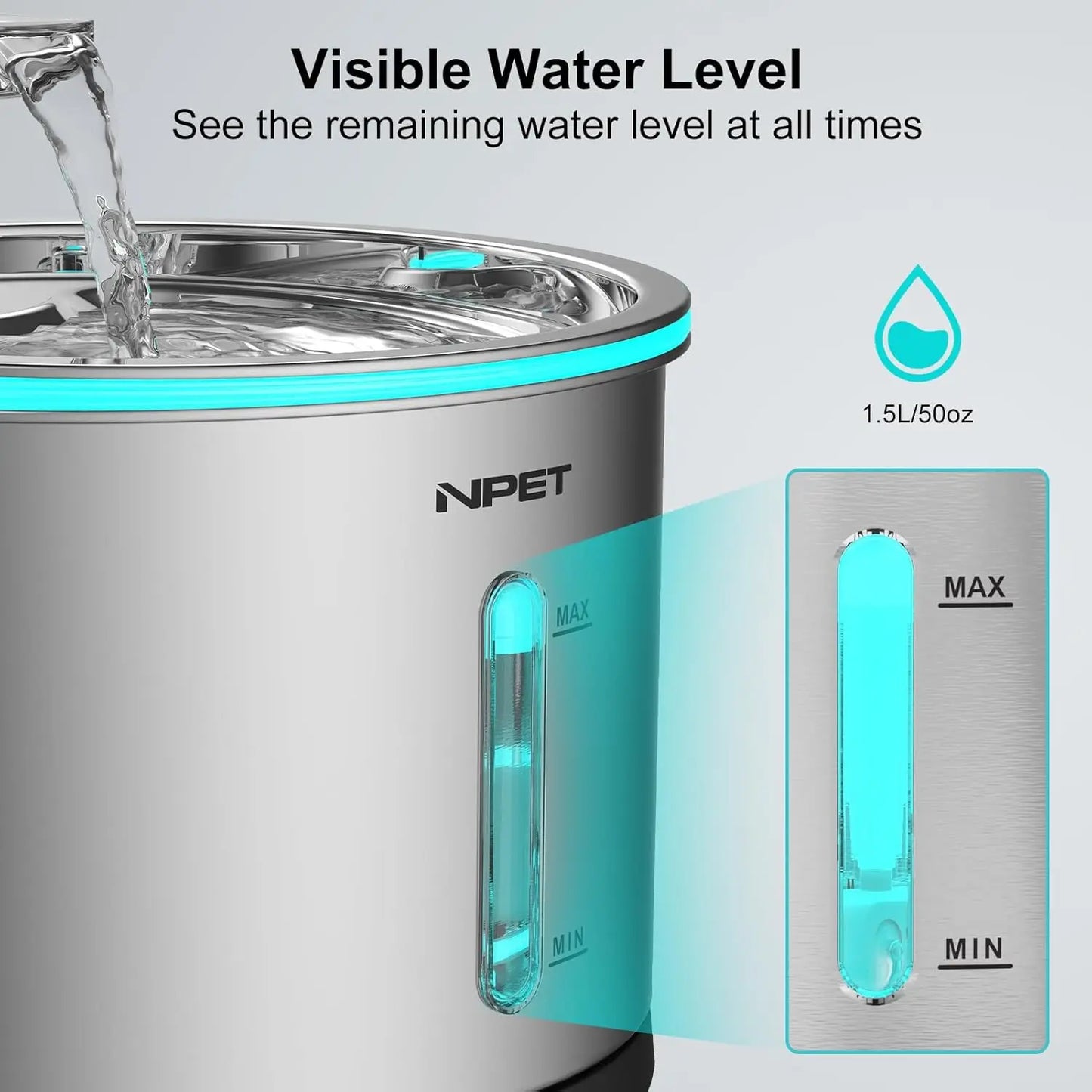 Pet Water Fountain Stainless Steel, 50oz/1.5L Dishwasher Safe Visible Window Light