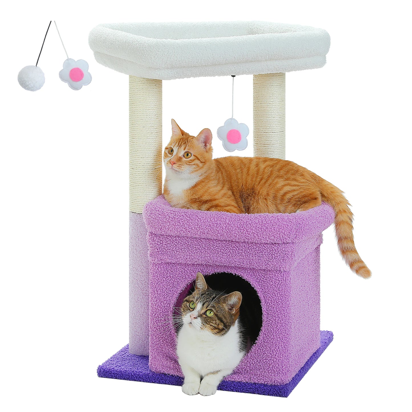 Cozy Condo Cat Tree Tower, Wide Top Perch, Natural Sisal Posts, Playful Pom-Pom