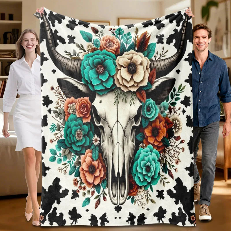 Floral cow skull blanket, black and white with colorful flowers