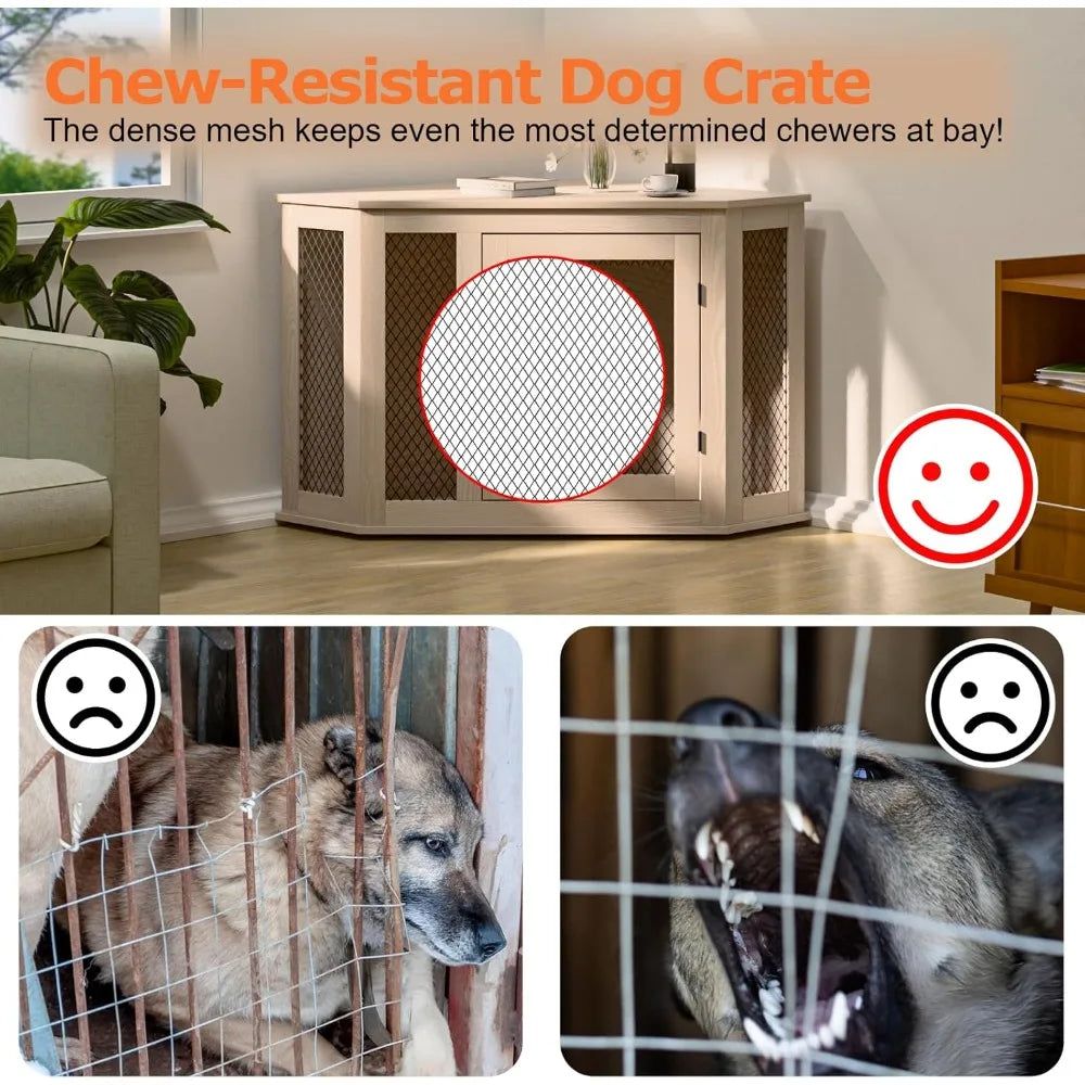 52" Corner Wooden Dog Kennel End Table with Mesh