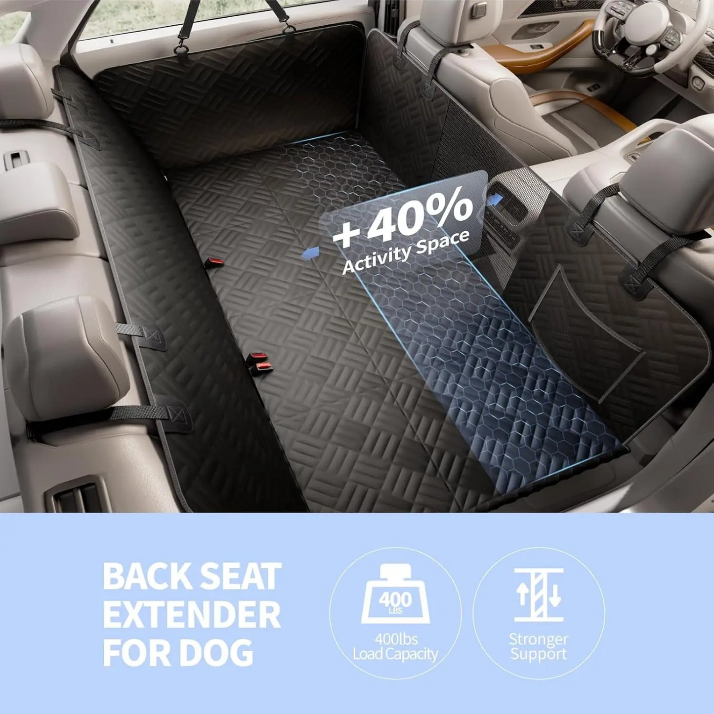 Dog Car Seat Cover, Hard Bottom Back Seat Extender, Holds 400lbs,