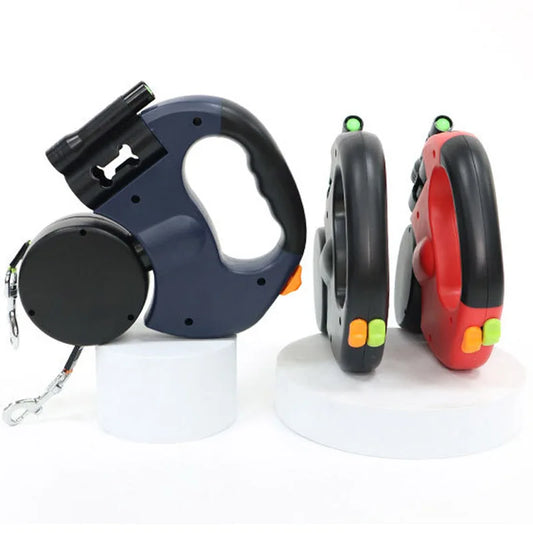 3 in1 Double Head Automatic retractable Dog leash, Flashlight, Poop Bag Dispenser