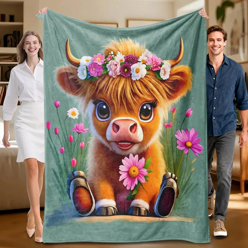 Floral cow-themed flannel blanket, green, suitable for sofa, all-season use.
