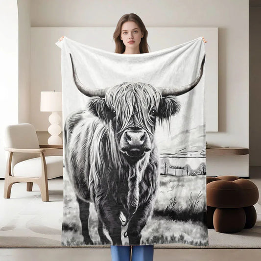 Highland cow flannel blanket, soft, suitable for sofa, bed, office, all-season use.