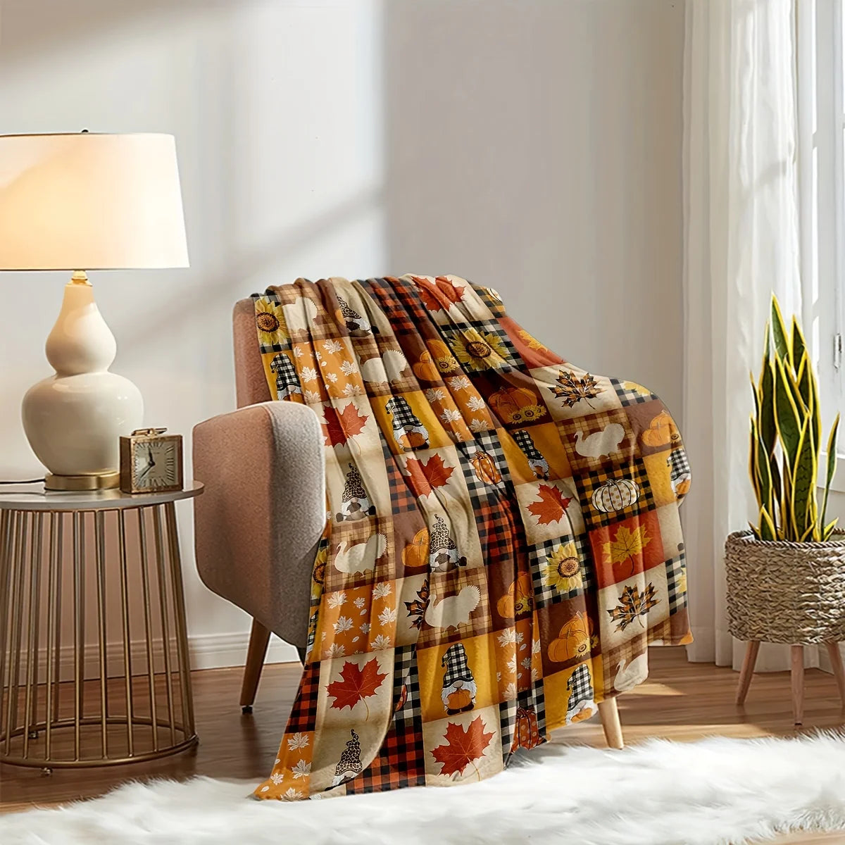 Cozy Dual-Sided Flannel Throw Blanket with Halloween Pumpkins- Allergy-Friendly, Machine Washable -