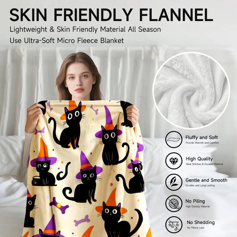 Halloween-themed Black Cat Purple Hat flannel blanket