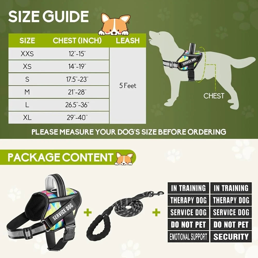 Reflective Service Dog Harness Leash Set 10 Patches