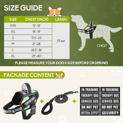 Reflective Service Dog Harness Leash Set 10 Patches
