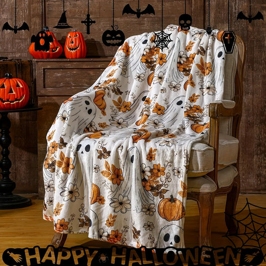 Spooky Halloween Pumpkin & Ghosts Patchwork Throw Blanket
