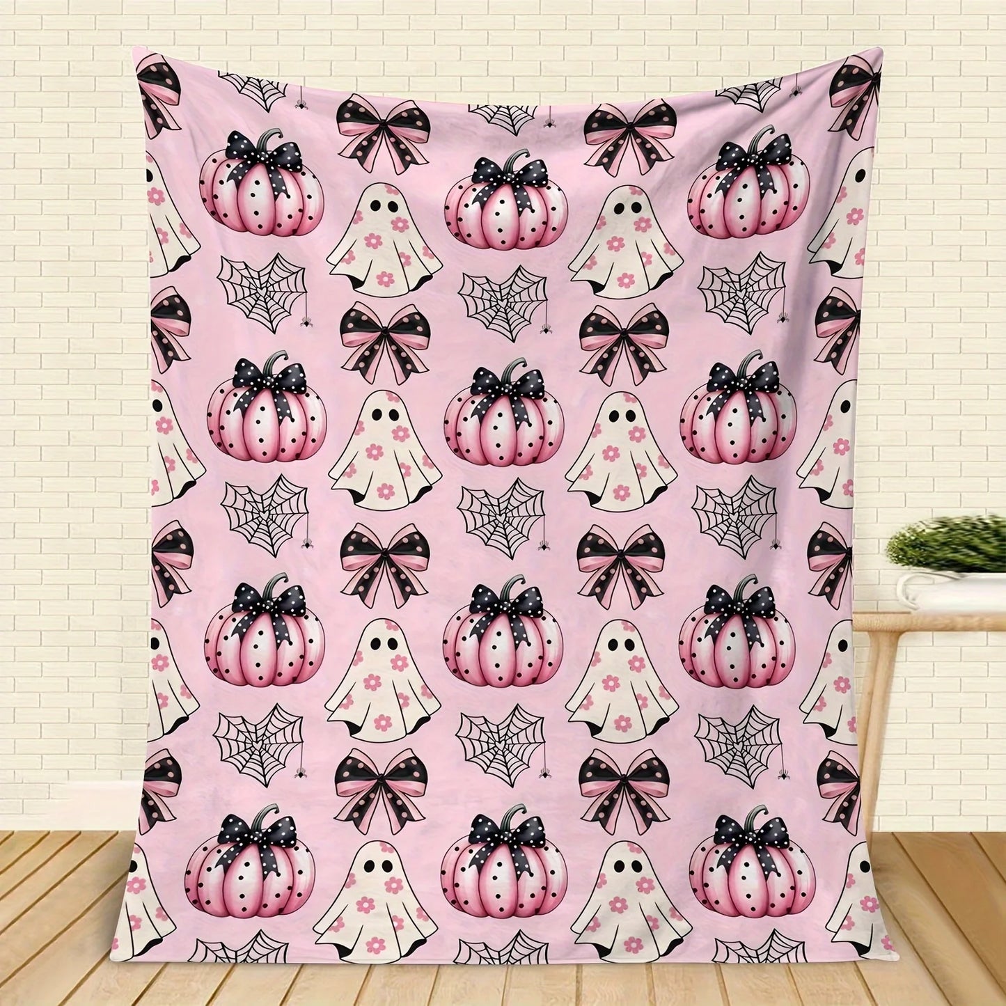 Cozy Pink Halloween Pumpkin Blanket Spooky Pumpkin Spider Web Designs Tear Resistant Machine Washable